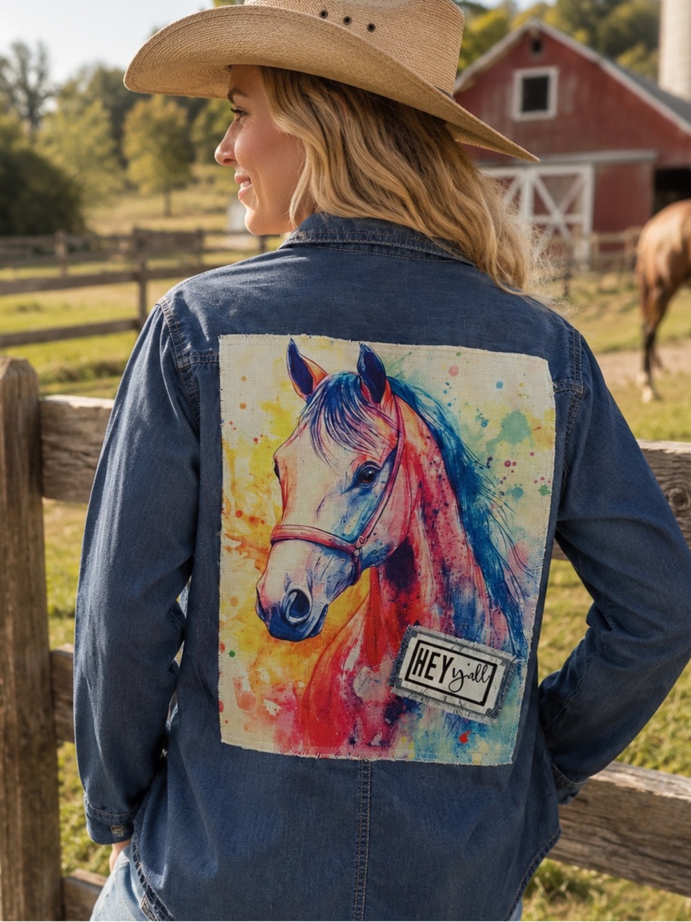 Upcycled Denim Horse Shirt: Frayed Farm Girl Style, Handcrafted.  XL.